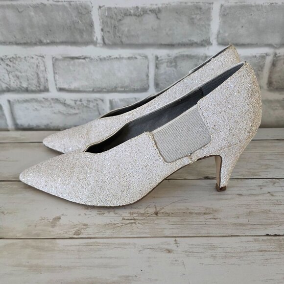 Free People White Glitter Florence Kitten Heel 37 Retro Wedding Prom Dance 6.5 - Picture 3 of 10